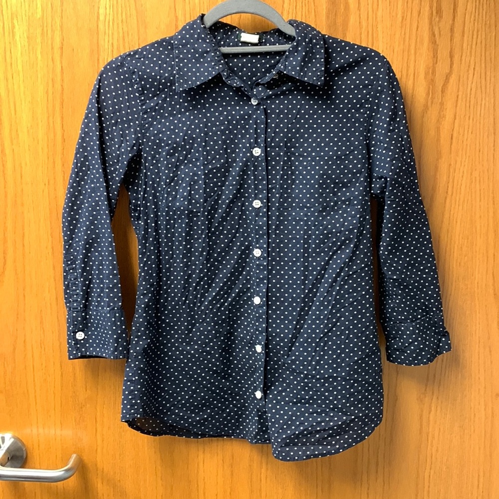 Jcrew 3/4 length blue and white polka dot top